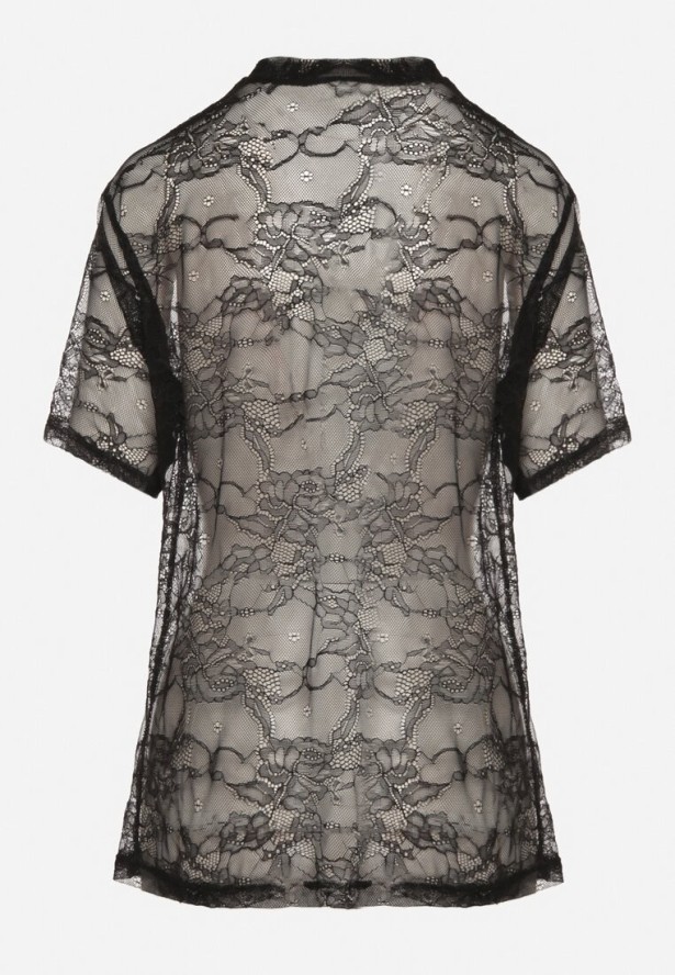 Czarna Koronkowa Bluzka Prześwitująca z Wiskozą Liosaine