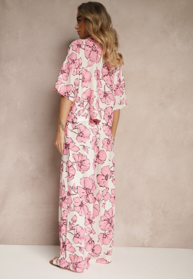 Różowy Komplet w Kwiaty Koszula z Krótkim Rękawem i Szerokie Spodnie Revanae