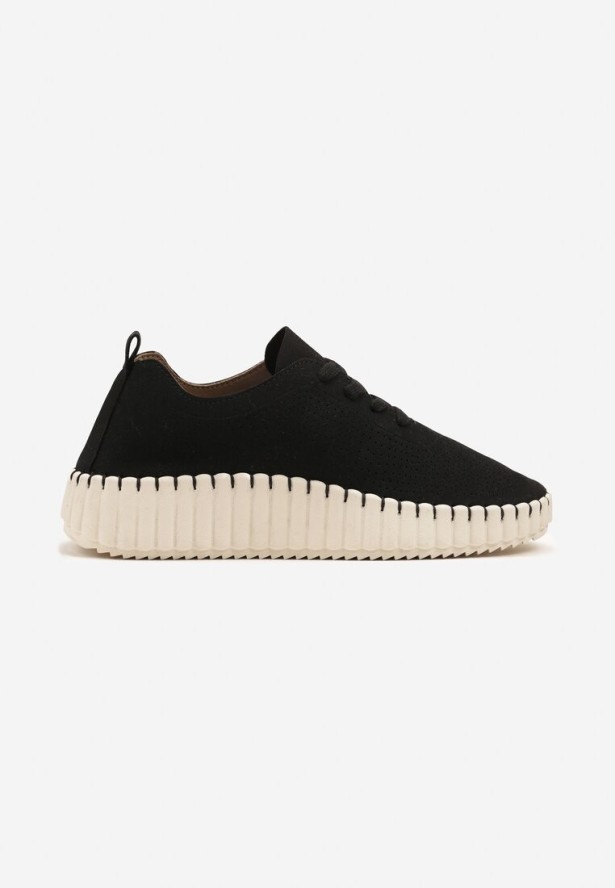 Czarne Ażurowe Sneakersy na Grubej Podeszwie z Tłoczeniem Ronele