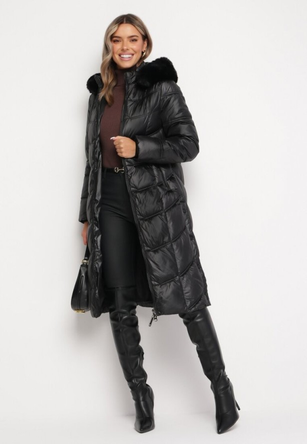 Czarna Pikowana Kurtka Płaszcz za Kolano z Kapturem i Futerkiem Naelora