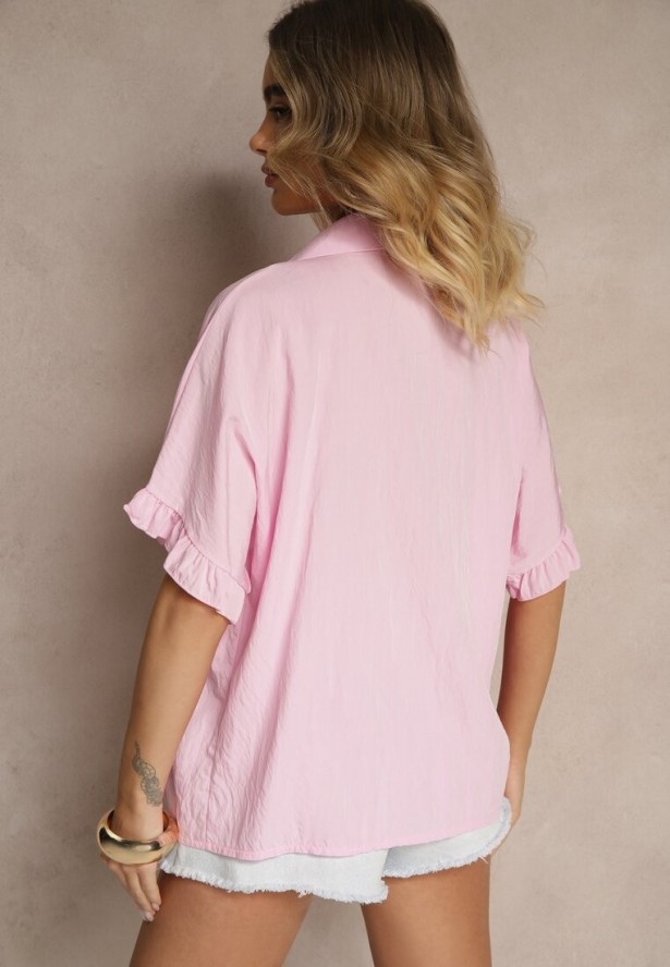 Różowa Koszula z Wiskozą Ozdobiona Falbankami Oleldi