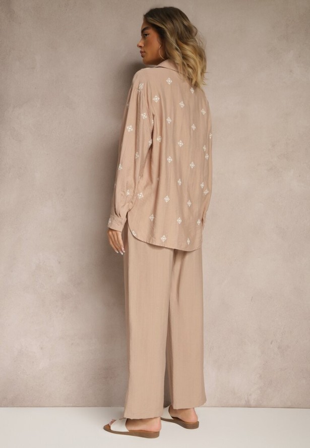 Ciemnobeżowy Wiskozowy Komplet Oversize Zdobiony Haftem Koszula i Spodnie Sadrianae