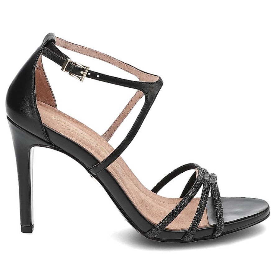 Sandały damskie Tamaris, wykonane ze skóry naturalnej licowej z paskami zdobionymi drobnymi kryształkami regulowanym zapięciem na klamrę i jednolitą