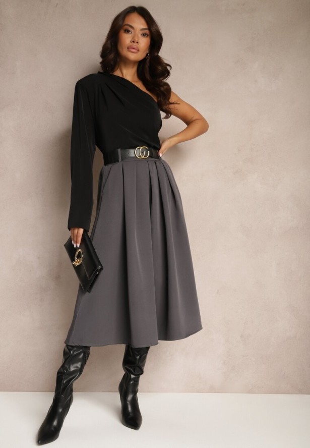 Szara Spódnica Rozkloszowana z Paskiem Tenga