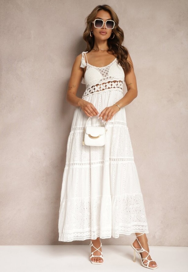 Biała Szydełkowa Sukienka Maxi z Ozdobnym Haftem i Falbanką Eshade