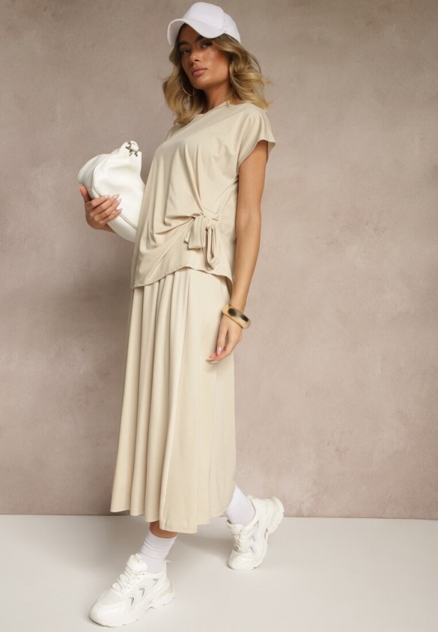 Beżowy Komplet z Wiskozą Spódnica i Bluzka Zdobiona Wiązaniem w Talii Davisavina