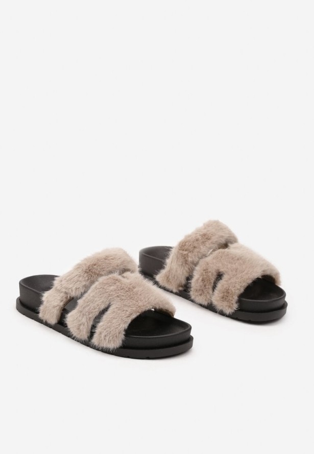 Ciemnobeżowe Futrzane Klapki na Podeszwie z Pianki Balinea