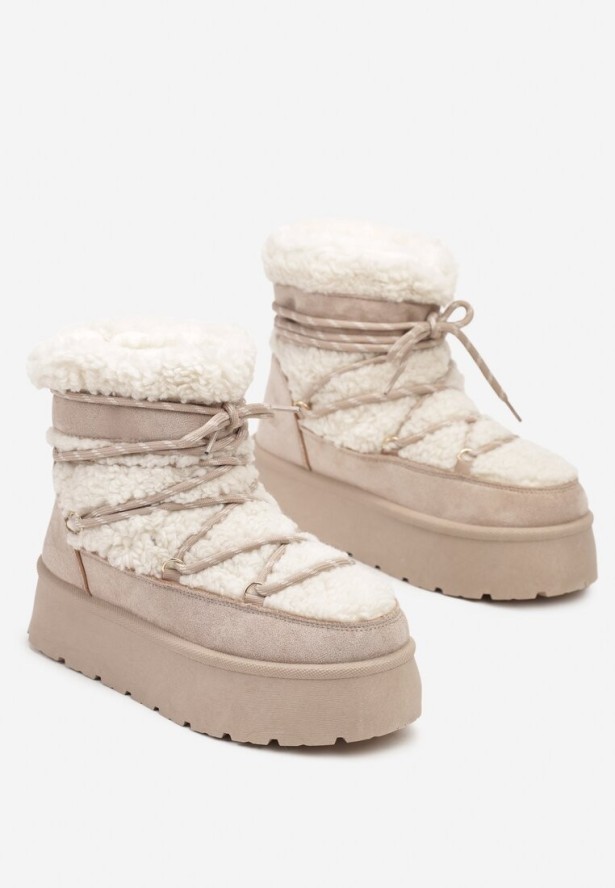Beżowe Futerkowe Śniegowce Sznurowane na Grubej Podeszwie Werira