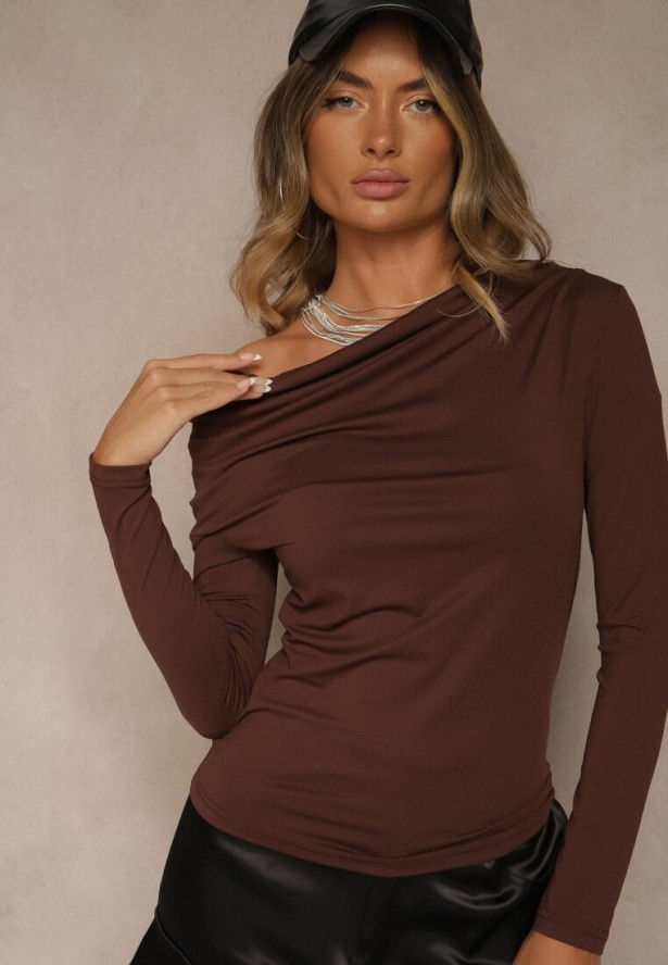 Brązowa Bluzka Longsleeve Vices z Asymetrycznym Dekoltem Fertie