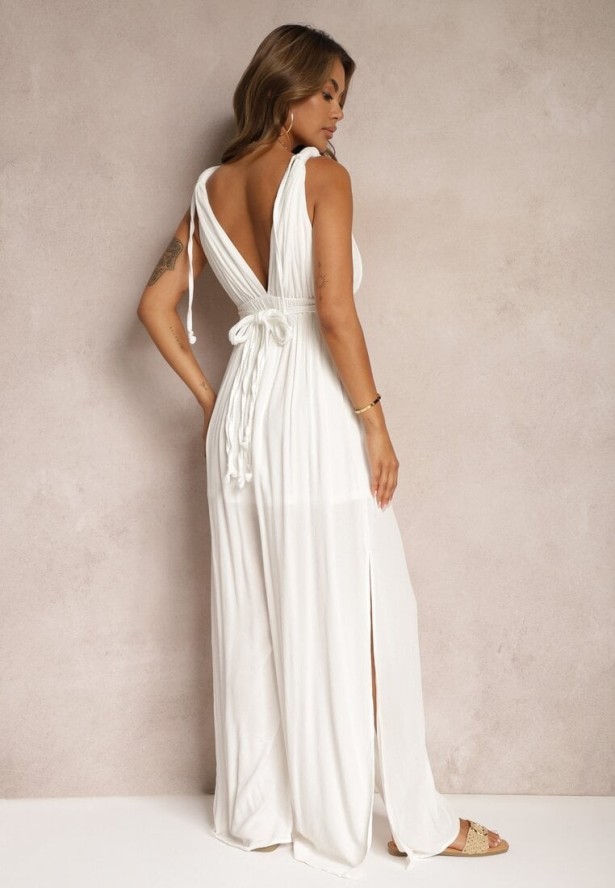 Biały Kombinezon bez Rękawów z Gumką w Talii z Wiskozy i Lnu Nehir