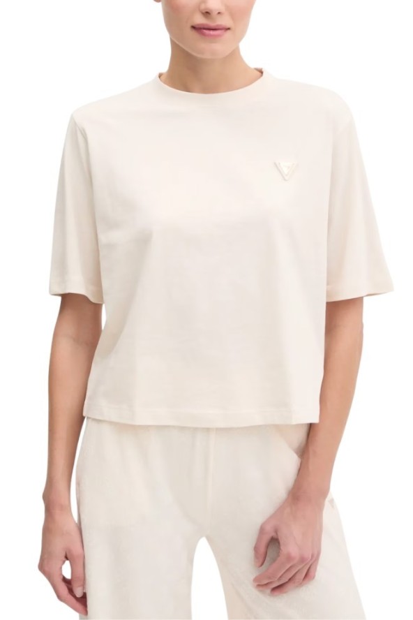 GUESS Kremowy bawełniany t-shirt damski Colette Boxy, Rozmiar M