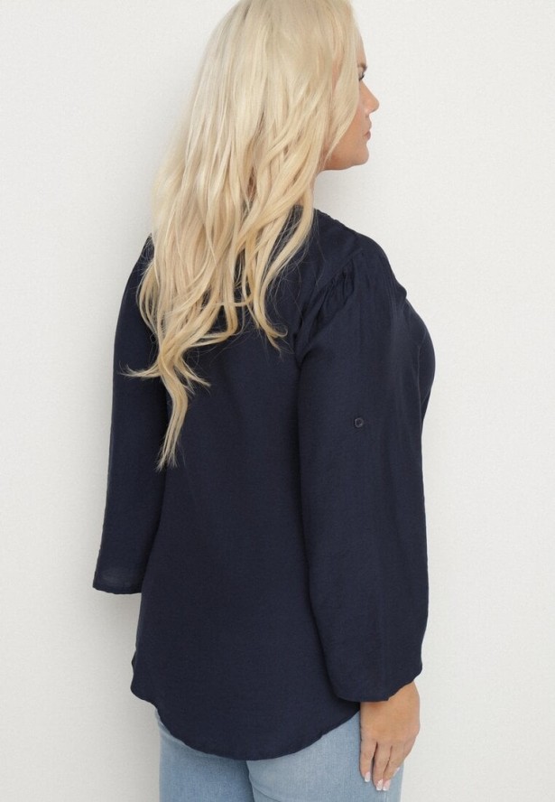 Granatowa Bluzka z Bawełną i Ozdobnym Haftem Edirilita