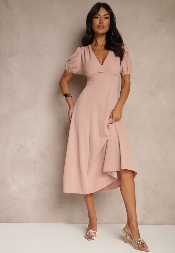 Różowa Rozkloszowana Sukienka Koktajlowa Ozdobiona Wiązaniem Ziverine