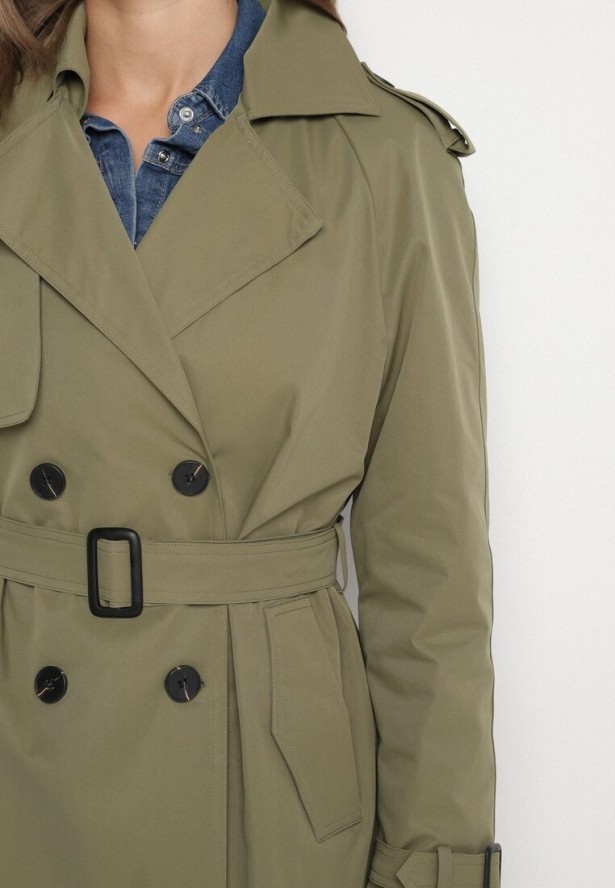 Ciemnozielony Płaszcz Trencz z Wiskozą o Klasycznym Kroju z Paskiem Mabbea