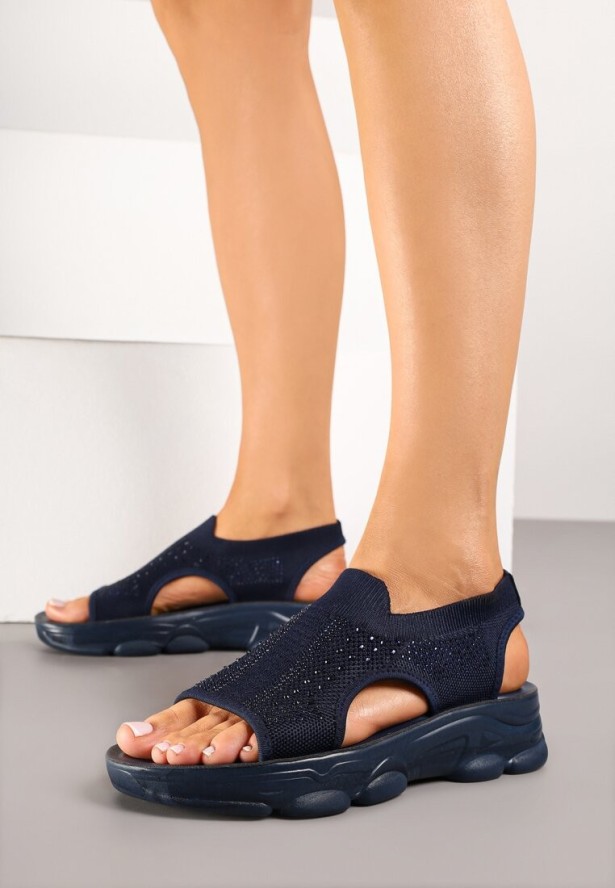 Granatowe Sandały Sportowe z Elastyczną Cholewką na Grubej Podeszwie Lirasette