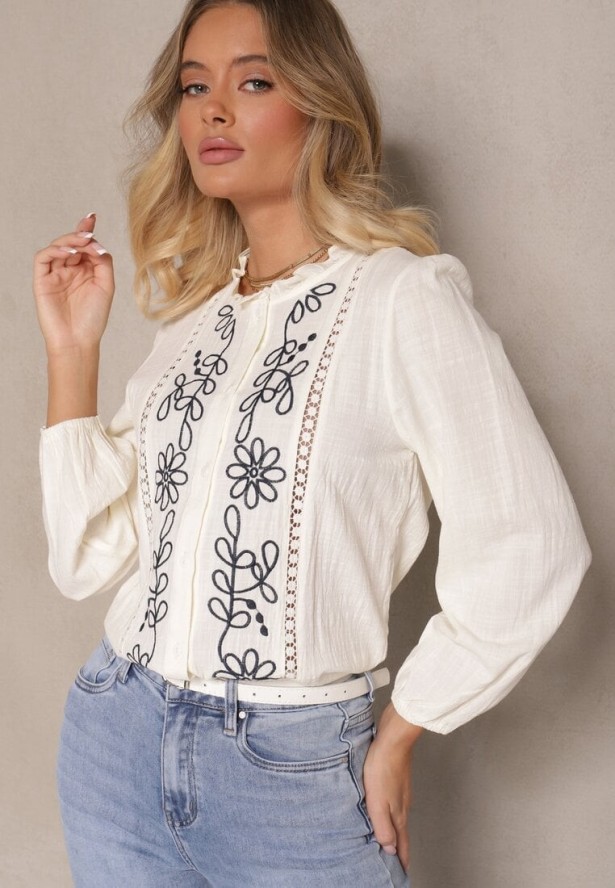 Beżowa Koszula z Wiskozą Bawełną i Haftem Nalorielle