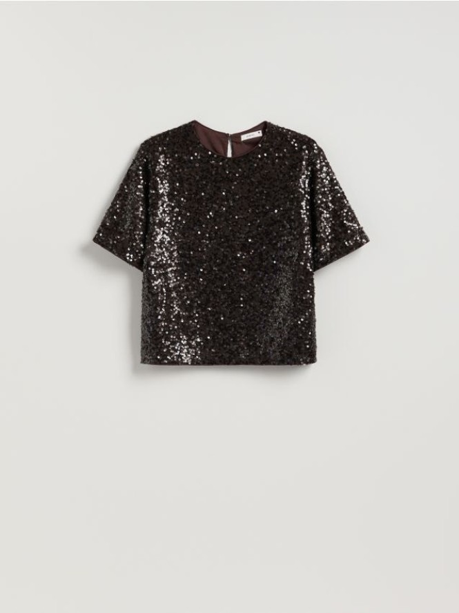 Cekinowy t-shirt boxy - ciemnobrązowy