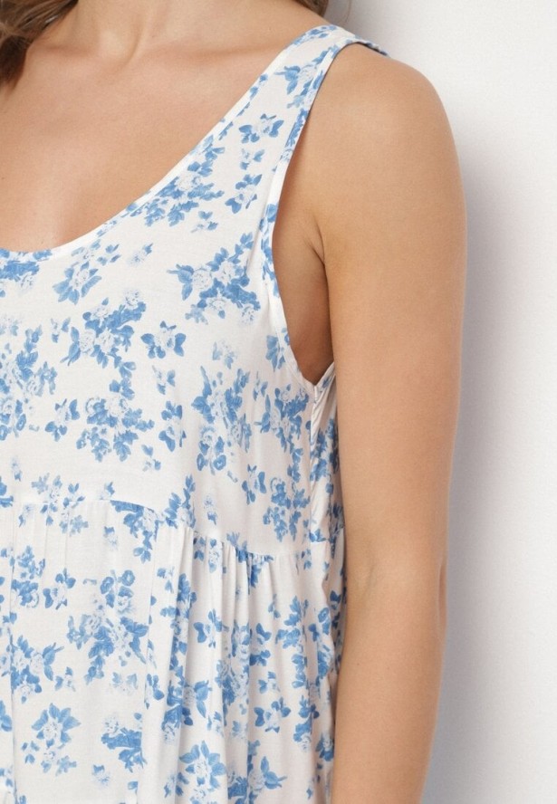 Biało-Niebieska Rozkloszowana Sukienka z Bawełny z Kwiatowym Wzorem Anniviana