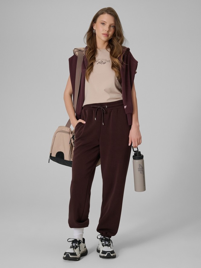 4F T-shirt slim z nadrukiem damski - beżowy XS