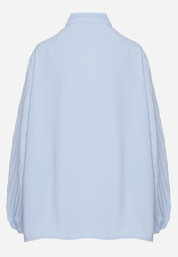 Jasnoniebieska Bluzka z Plisowanymi Rękawami i Wiązaniem pod Szyją Jenindria