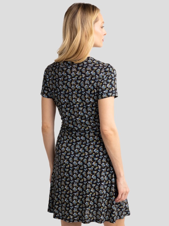 Sukienka damska mini kopertowa z motywem kwiatowym czarna Rihatana 906