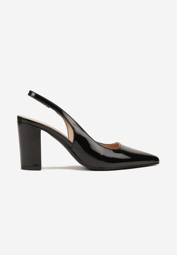 Czarne Sandały Lakierowane na Słupku Slingback Halasela