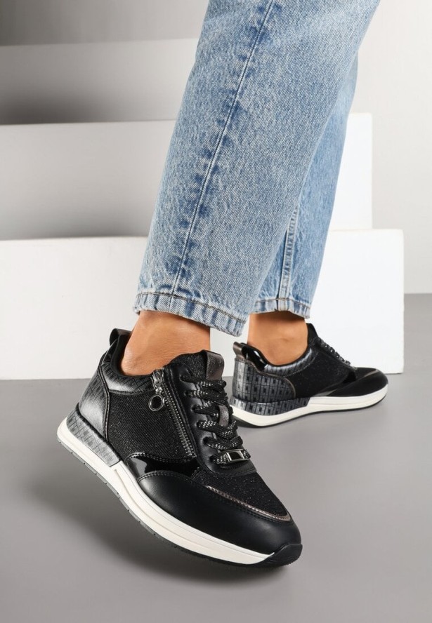 Czarne Sneakersy z Wkładką ze Skóry Naturalnej Zdobione Suwakiem Fihanor