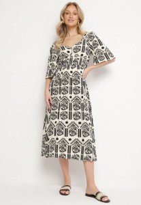 Czarno-Kremowa Sukienka Wiskozowa Rozkloszowana z Odkrytymi Plecami w Print Boho Turaisa