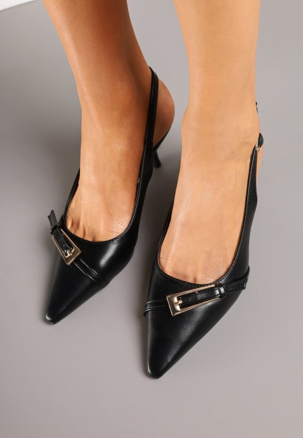 Czarne Sandały na Szpilce Typu Slingback Ozdobione Paskiem z Klamrą Karilen