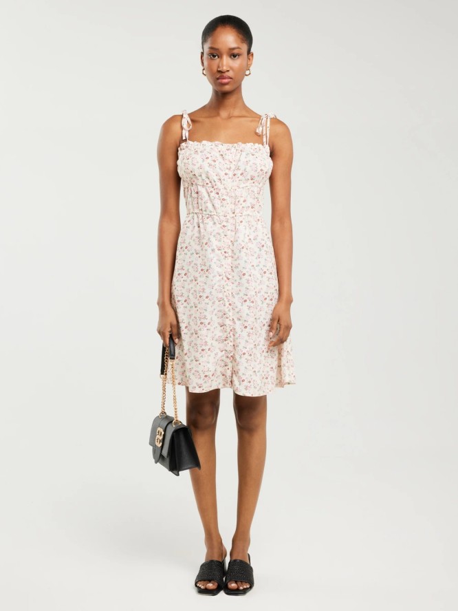 Sukienka damska mini z wiskozy z motywem kwiatowym kremowa Casie 102