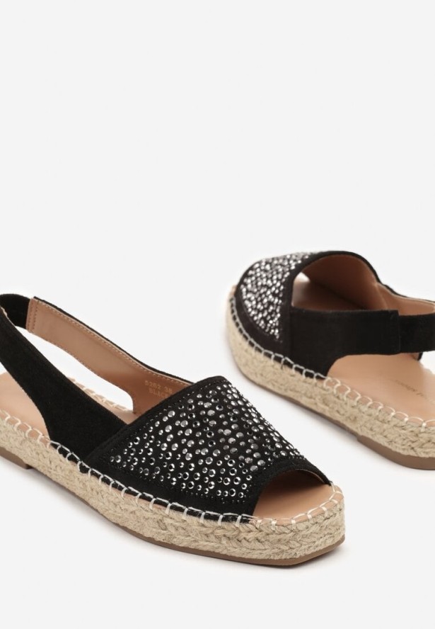 Czarne Sandały Typu Espadryle na Plecionej Podeszwie Zdobione Cyrkoniami Aneolena