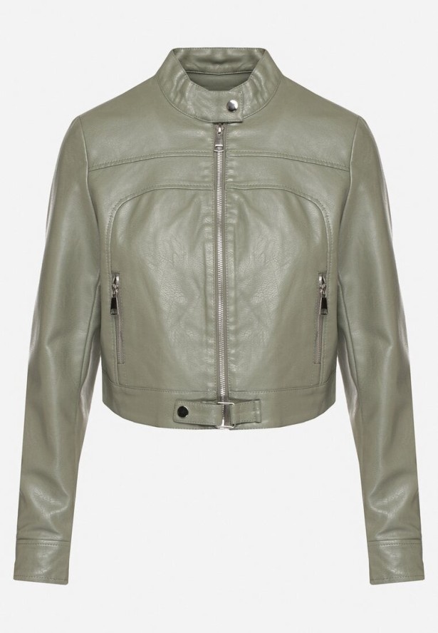 Jasnozielona Kurtka Ramoneska w Motocyklowym Stylu z Klamerką Terlia