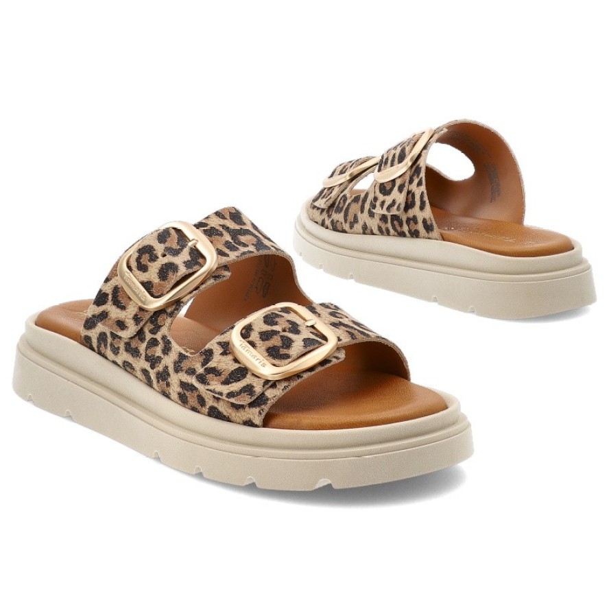 Beżowe Klapki Tamaris Eleganckie Obuwie Damskie Leopard