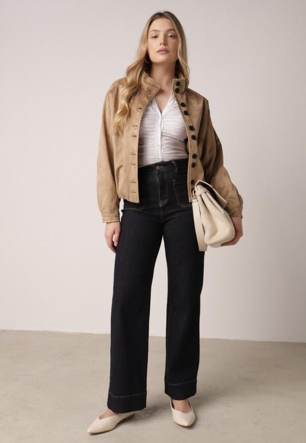 Jasnobrązowa Kurtka w Stylu Bomberki z Ozdobnymi Guzikami Polimi