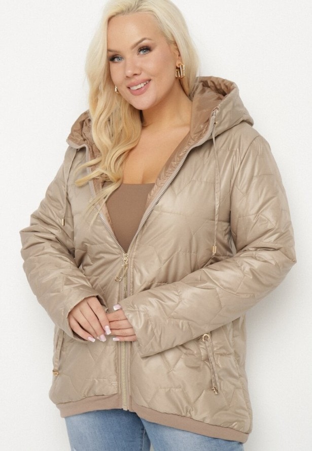 Ciemnobeżowa Kurtka Pikowana o Pudełkowym Kroju z Kapturem Nusolea