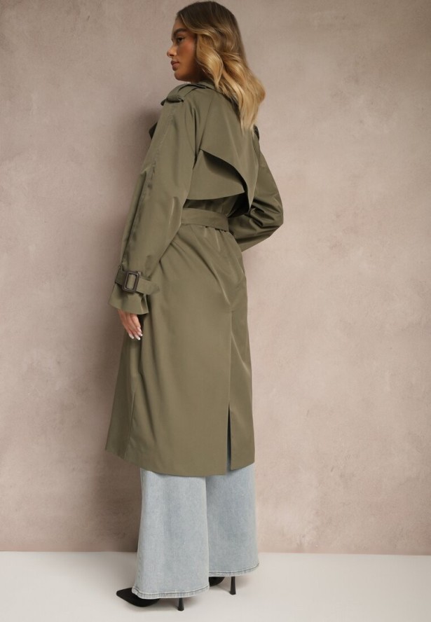 Ciemnozielony Płaszcz Trencz Dwurzędowy z Paskiem Lene