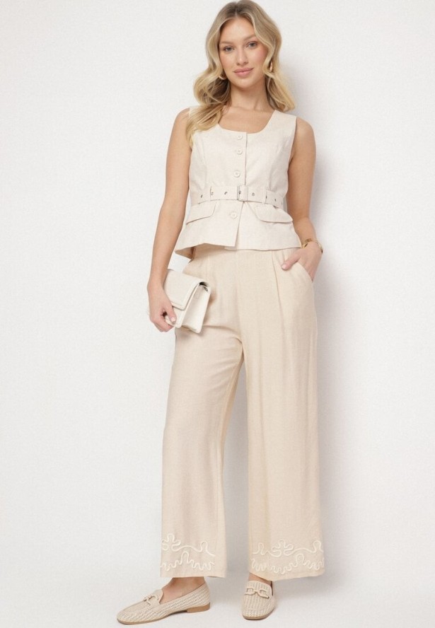 Jasnobeżowe Szerokie Spodnie z Wiskozy z Lnem Ozdobione Przeszyciami Fenerisa