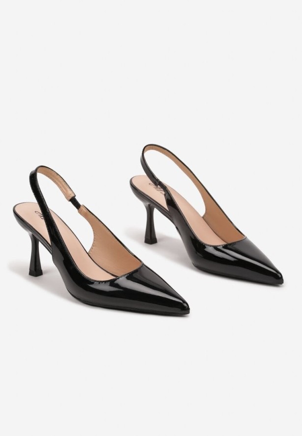 Czarne Sandały na Obcasie ze Szpiczastym Noskiem i Paskiem przy Pięcie Deovienne