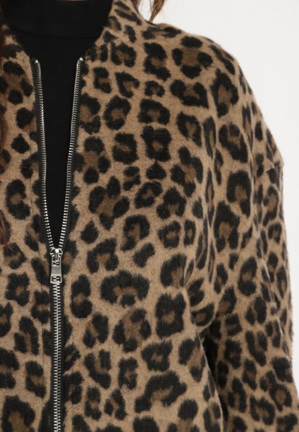 Brązowa Panterkowa Bluza z Dodatkiem Lnu o Kroju Oversize Sintirra