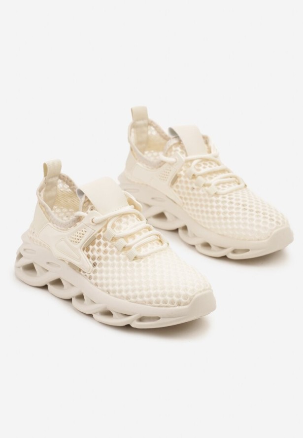 Beżowe Buty Sportowe Sneakersy na Platformie Ozdobionej Tłoczeniem Teliriella