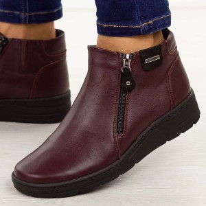 Bordowe skórzane Polskie botki damskie zimowe Deoni D468