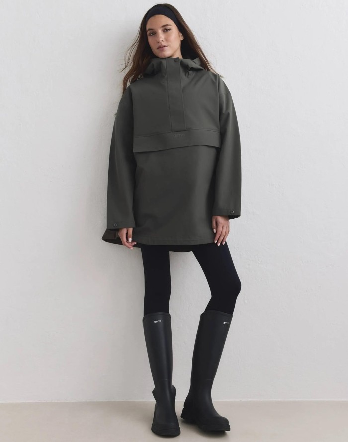 Damski anorak wodoodporny, oversize'owy, z półzamkiem ciemnozielony