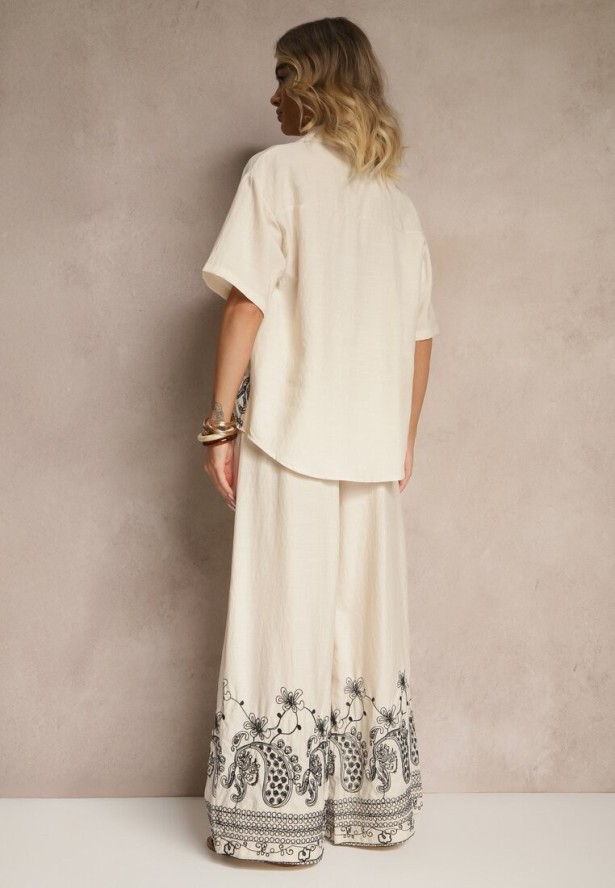 Beżowy Wiskozowy Komplet z Kwiatowym Zdobieniem Koszula i Szerokie Spodnie Mevilene