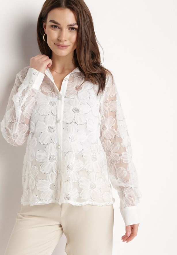 Jasnobeżowa Przezroczysta Koszula z Perełkami i Cekinami z Motywem Kwiatów Raviona