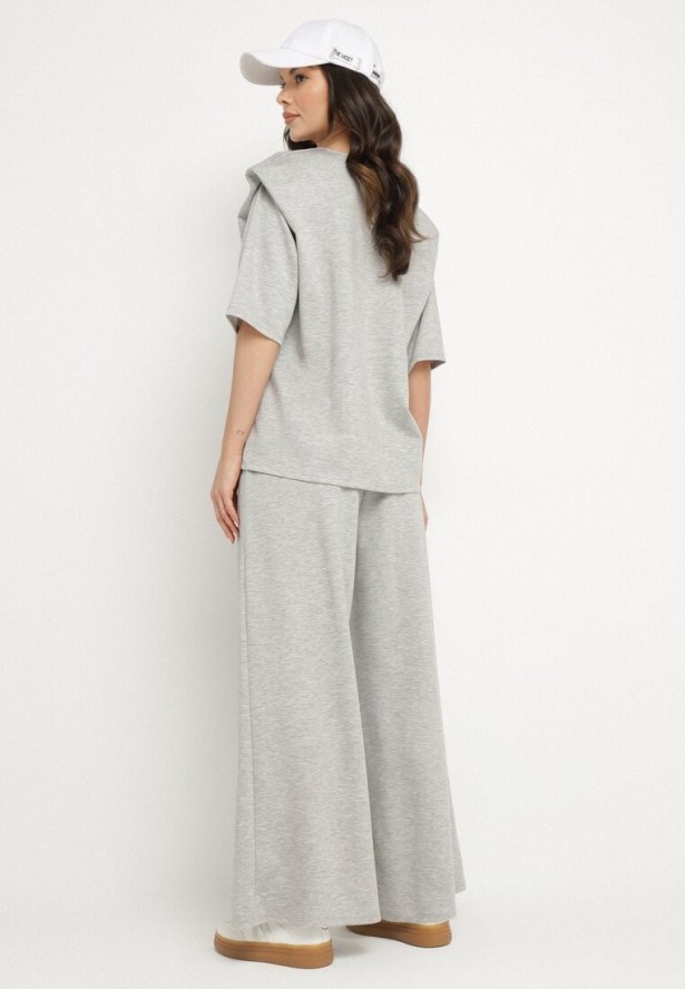 Szary Komplet z Wiskozą Szerokie Spodnie i Bluzka z Dekoltem w Serek Zeilora