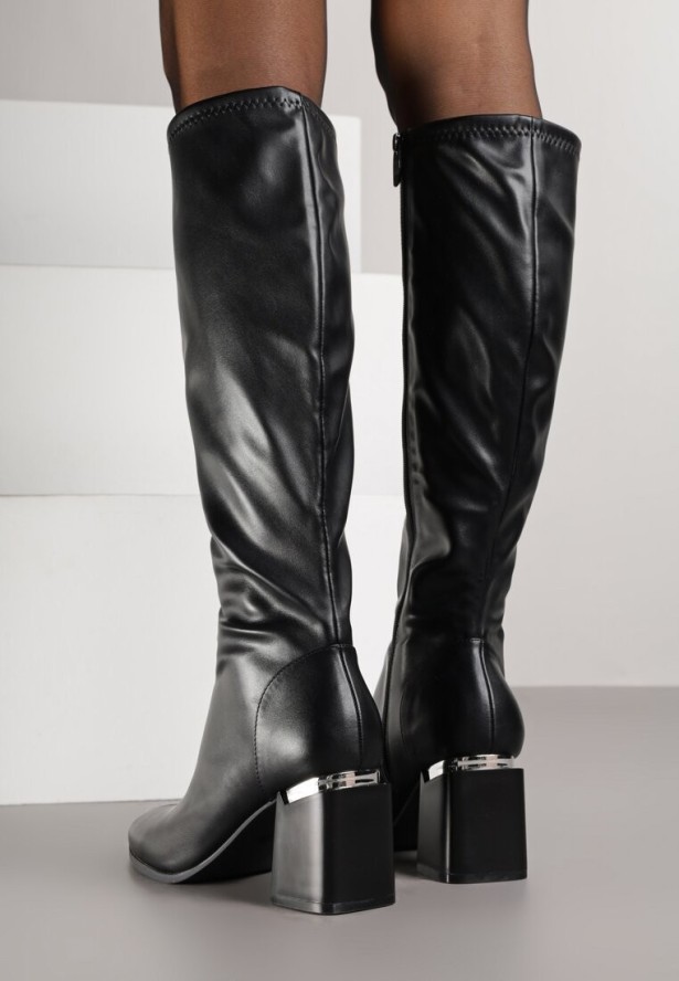 Czarne Klasyczne Kozaki VICES na Słupkowym Obcasie z Metaliczną Aplikacją Rannora