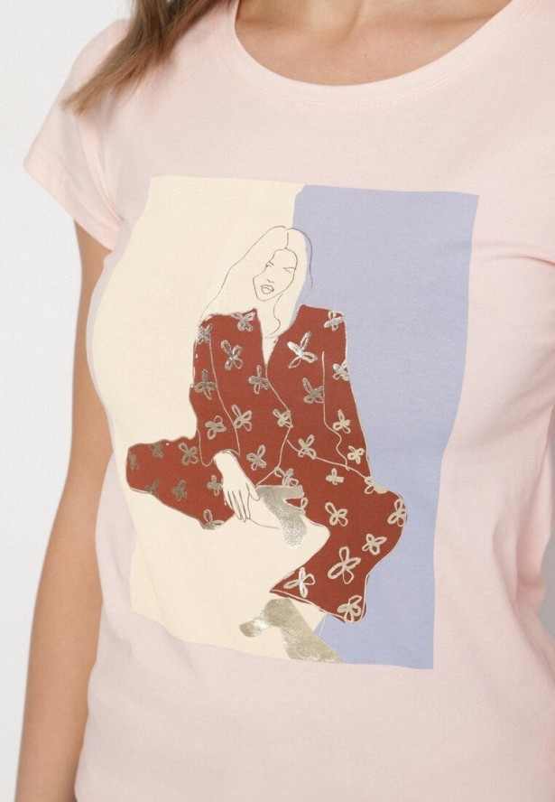 Jasnoróżowy Bawełniany T-shirt z Ozdobnym Nadrukiem Setonisea