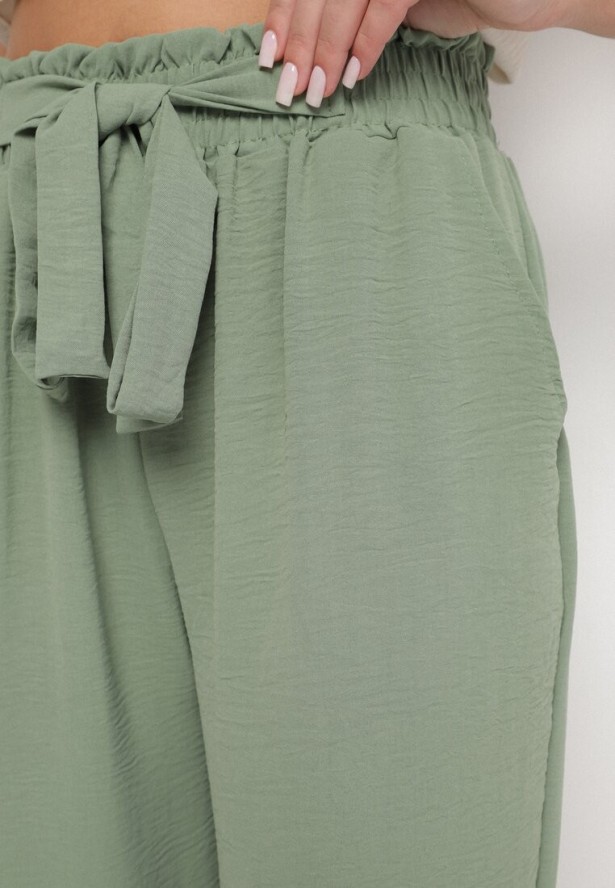 Zielone Spodnie z Wysokim Stanem i Wiązaniem Aralinea