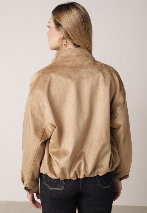 Jasnobrązowa Kurtka w Stylu Bomberki z Ozdobnymi Guzikami Polimi