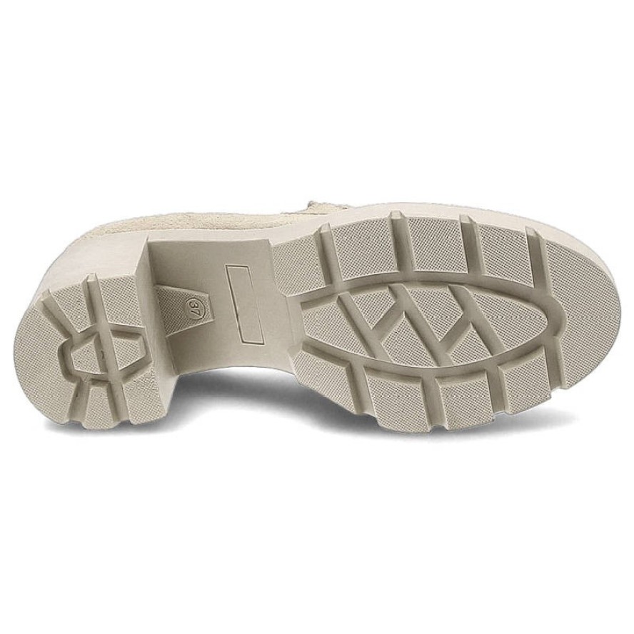 Półbuty damskie Lemar, wykonane ze skóry zamszowej z metalową klamrą na podbiciu grubą podeszwą z tworzywa i szerokim obcasem, beżowo-złote, 20097-W